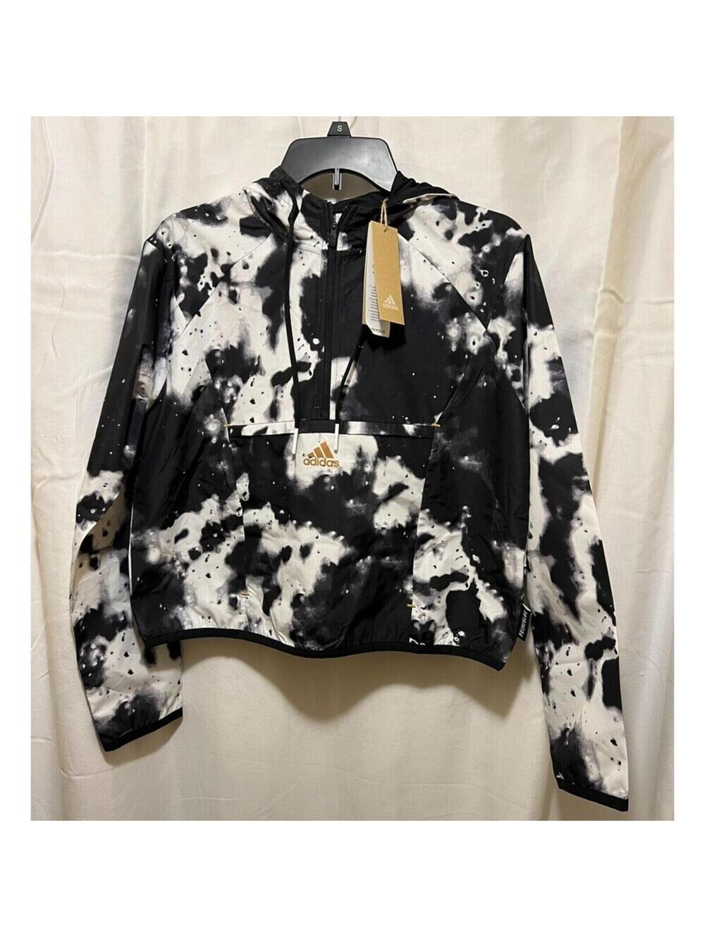 adidas Pullover Jacket Windbreaker Hood Black White Marble Women's Medium NWT